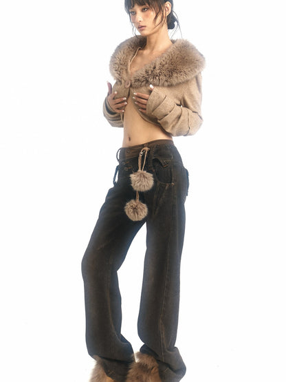 Flowers birds Market Double Waistband Retro Flared Cotton Washed Denim Straight Trousers