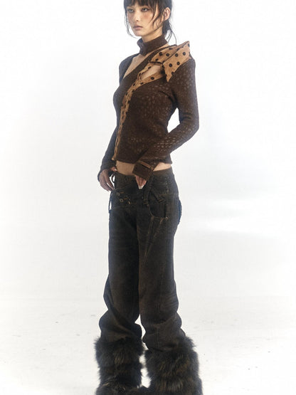 Flowers birds Market Double Waistband Retro Flared Cotton Washed Denim Straight Trousers