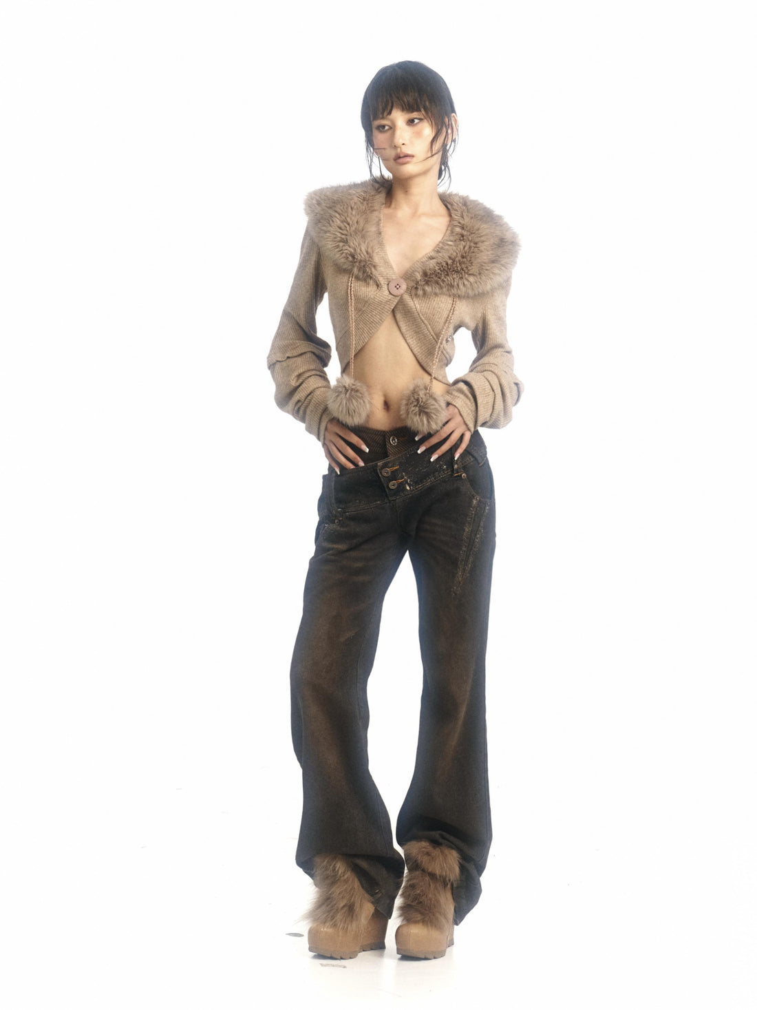 Flowers birds Market Double Waistband Retro Flared Cotton Washed Denim Straight Trousers