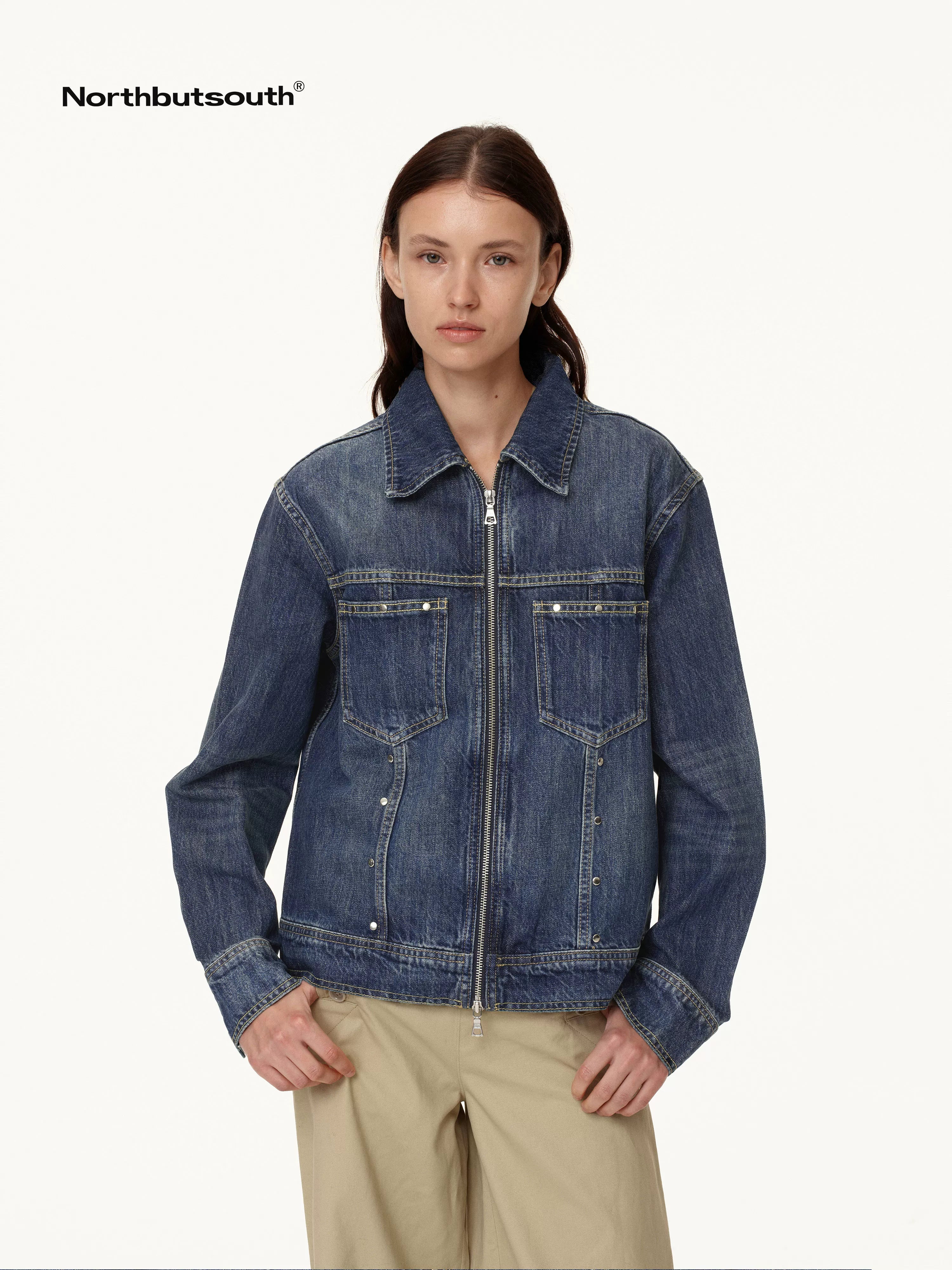 Double Zip Rivet Denim Jacket With Paris Button