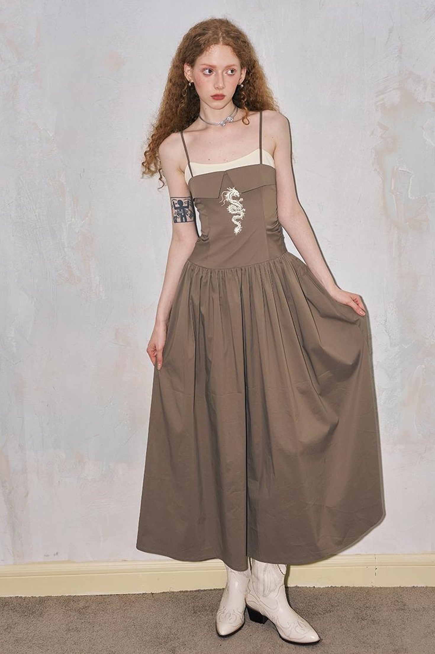 DIDDI MODA Dragon Print Fold Front Colorblock Maxi Dress