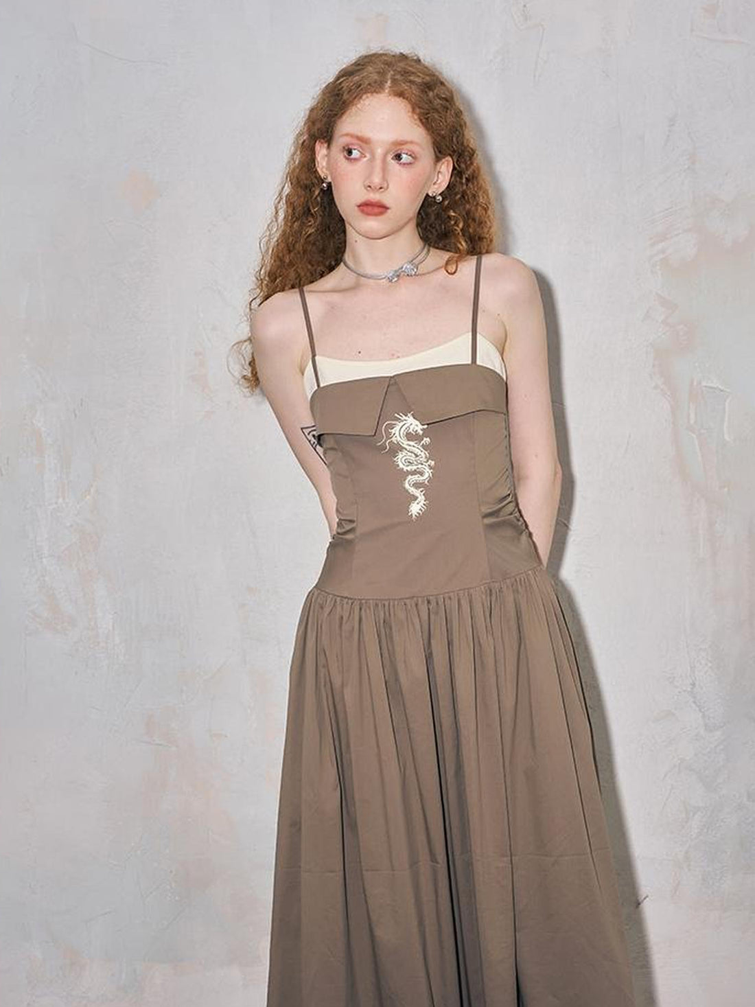 DIDDI MODA Dragon Print Fold Front Colorblock Maxi Dress