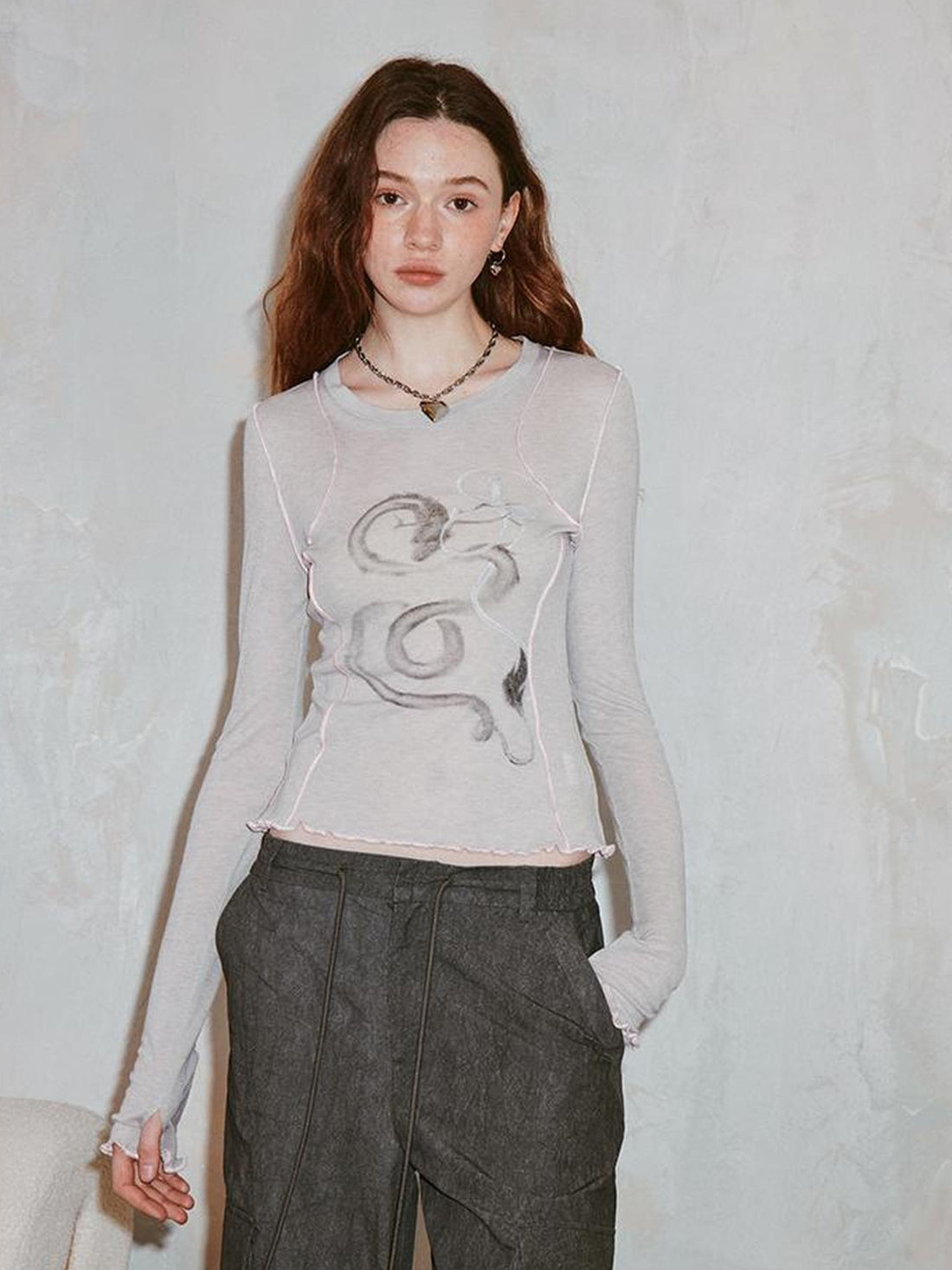 Dragon Year Ink Print Slim Base Layer Soft Wool Blend Tee