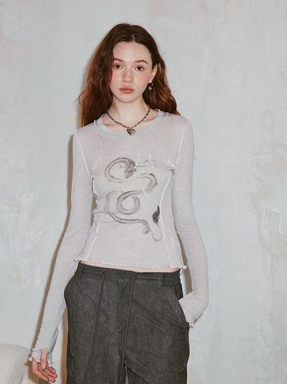 Dragon Year Ink Print Slim Base Layer Soft Wool Blend Tee