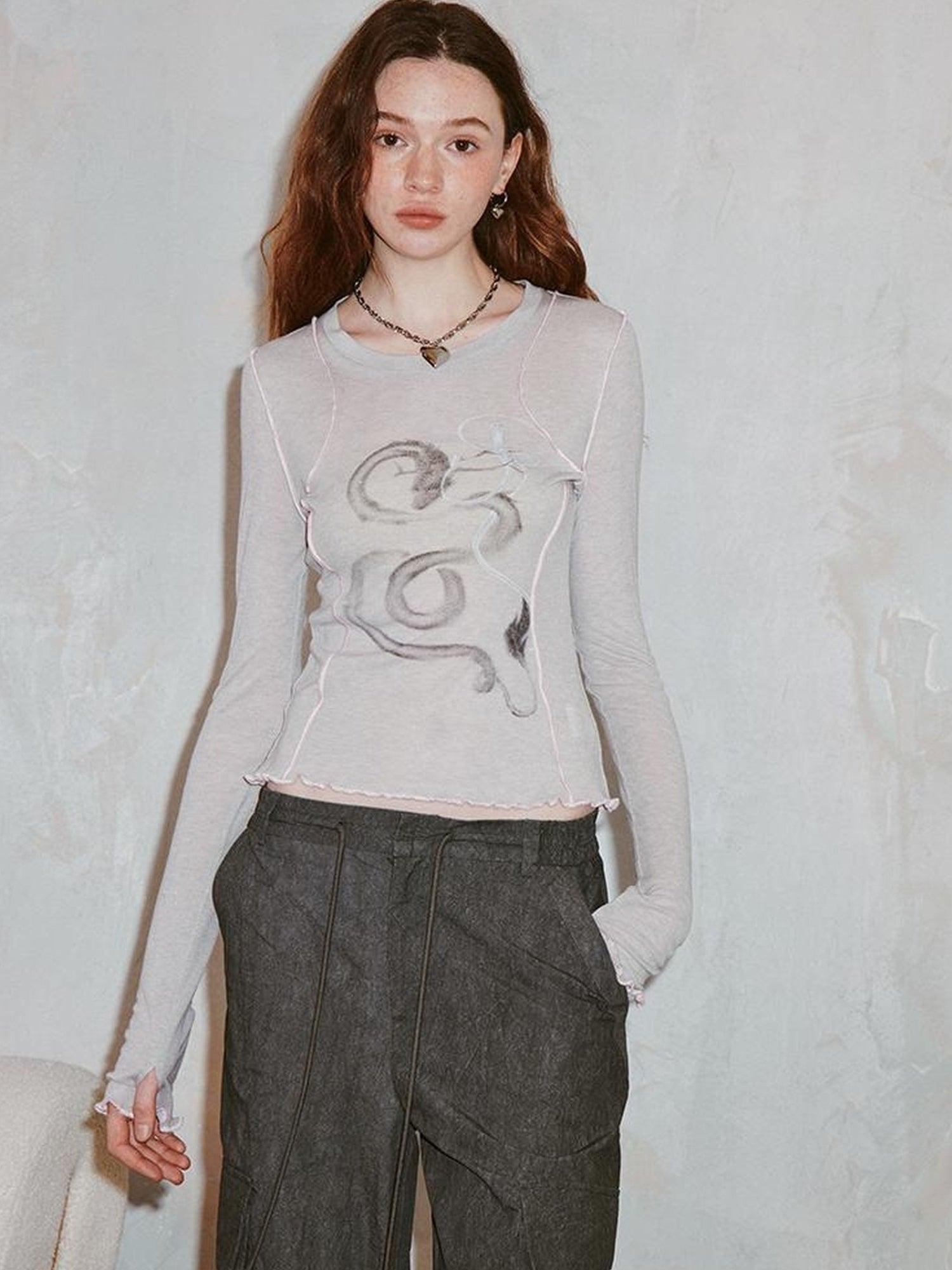 DIDDI MODA Dragon Year Ink Print Slim Base Layer Soft Wool Blend Tee