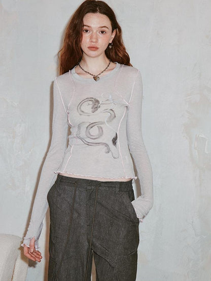 DIDDI MODA Dragon Year Ink Print Slim Base Layer Soft Wool Blend Tee