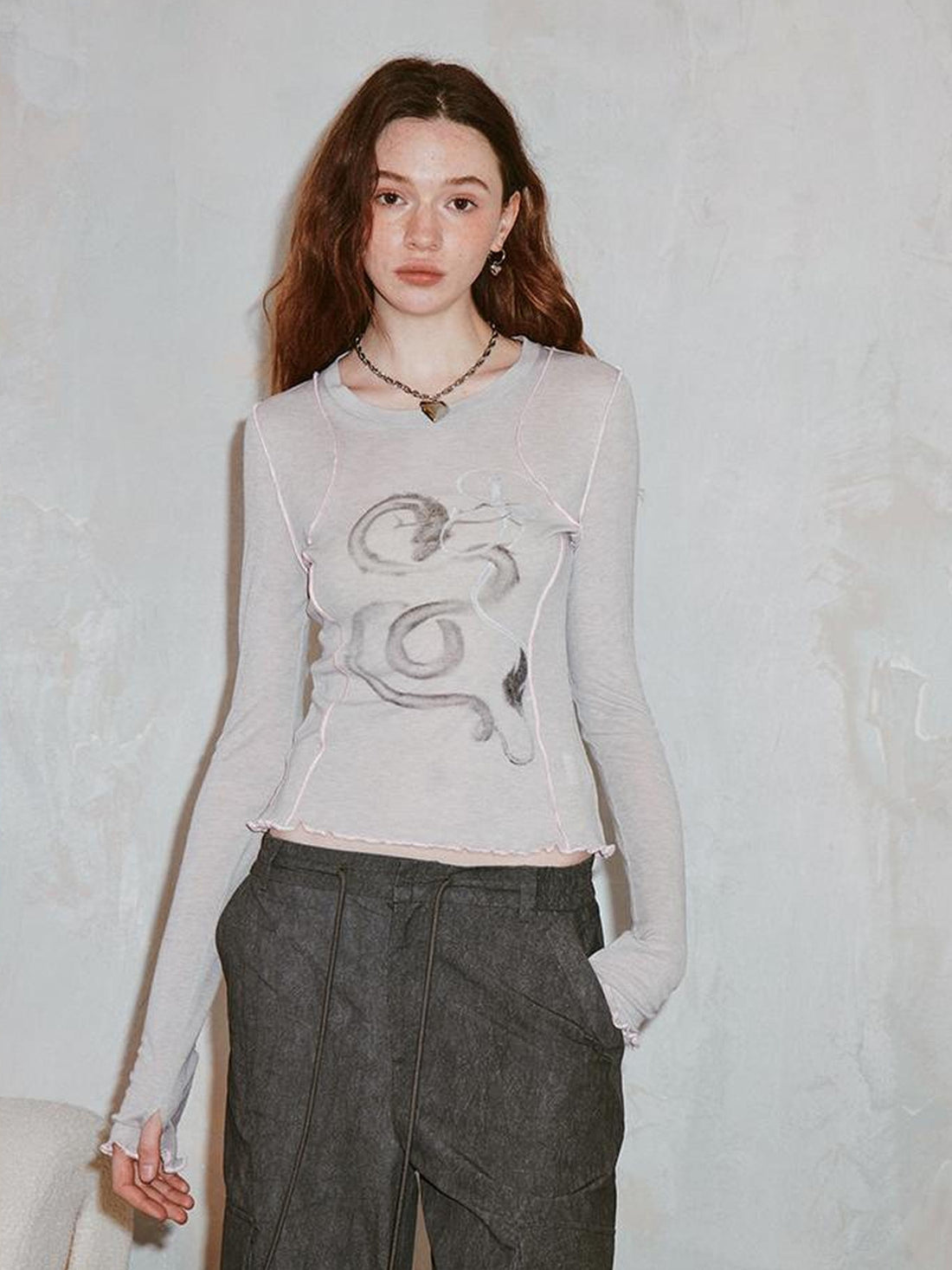 DIDDI MODA Dragon Year Ink Print Slim Base Layer Soft Wool Blend Tee