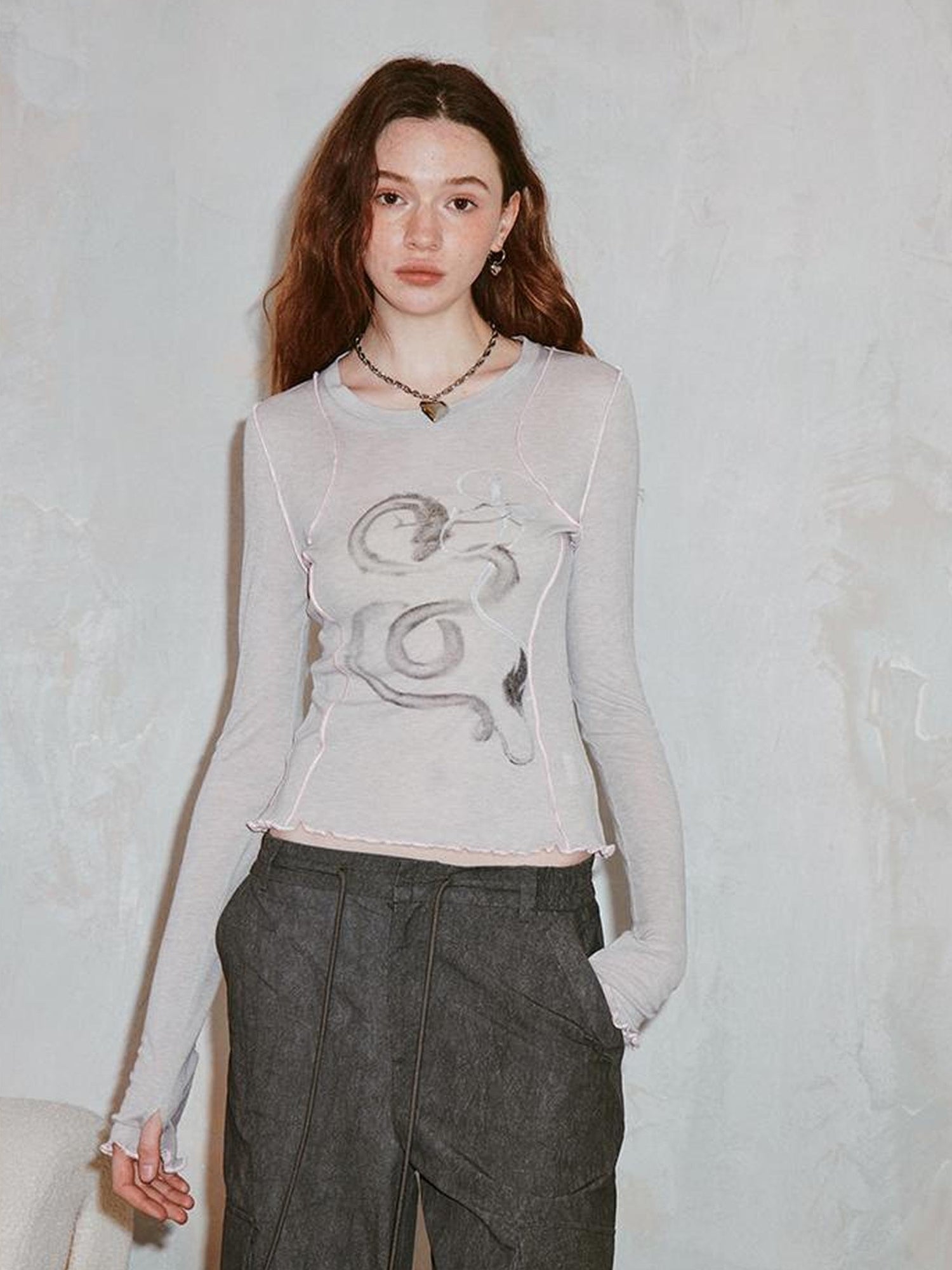 DIDDI MODA Dragon Year Ink Print Slim Base Layer Soft Wool Blend Tee