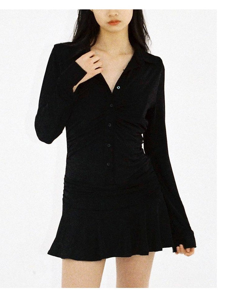 Draped Casual Hip Pleat Shirt Dress