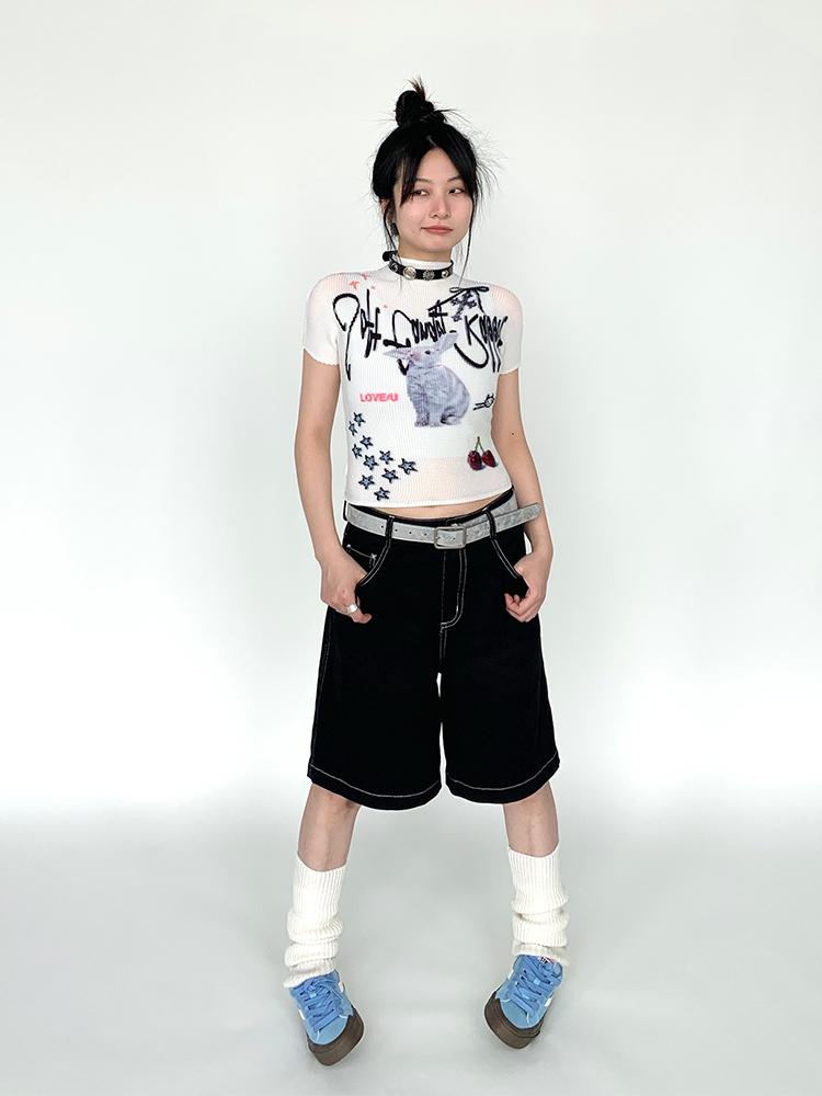 Dreamy Soft Candy Rabbit Print Elastic Ruffle T-shirt