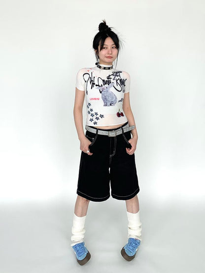 Dreamy Soft Candy Rabbit Print Elastic Ruffle T-shirt