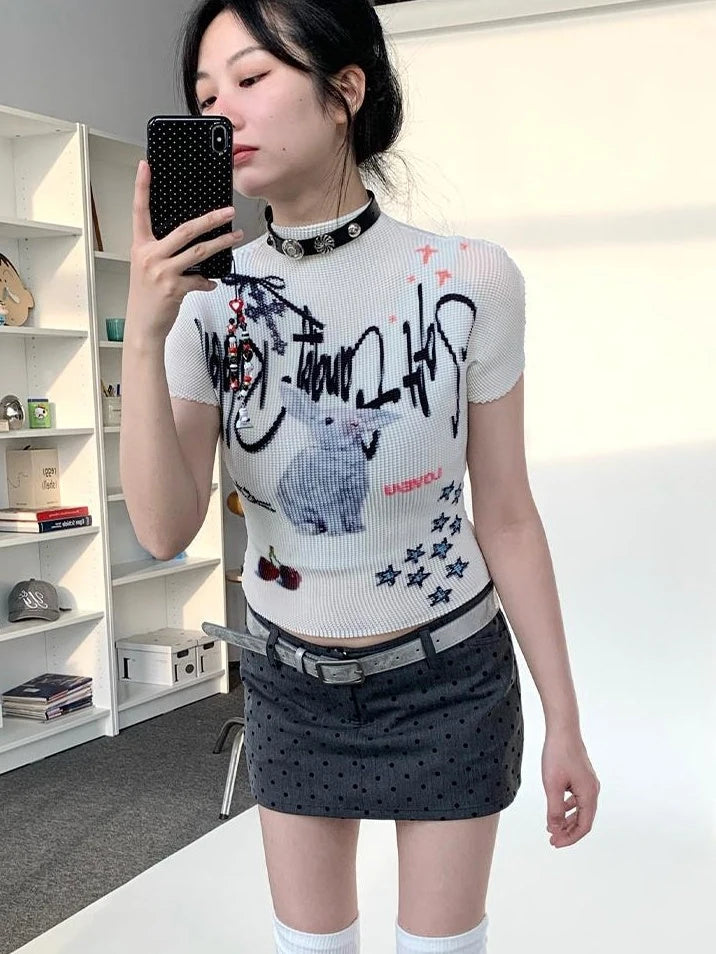 Dreamy Soft Candy Rabbit Print Elastic Ruffle T-Shirt