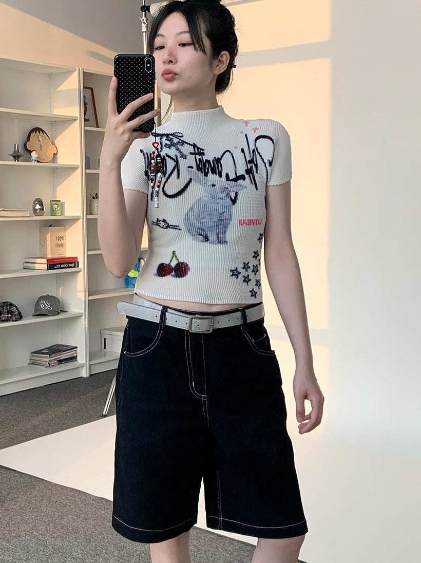 Dreamy Soft Candy Rabbit Print Elastic Ruffle T-shirt