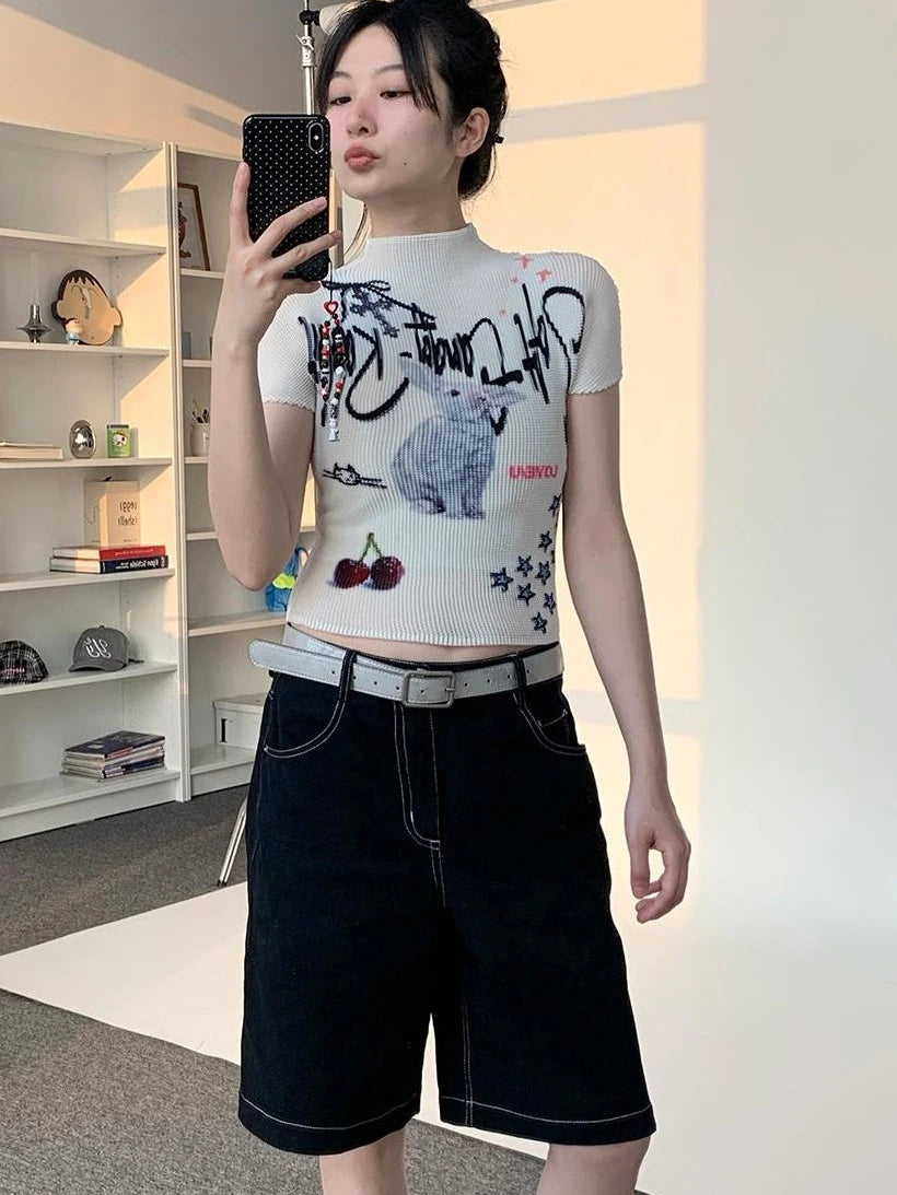 Dreamy Soft Candy Rabbit Print Elastic Ruffle T-Shirt