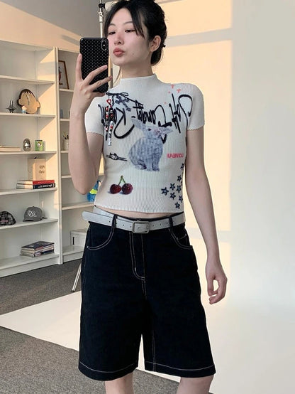 Dreamy Soft Candy Rabbit Print Elastic Ruffle T-Shirt