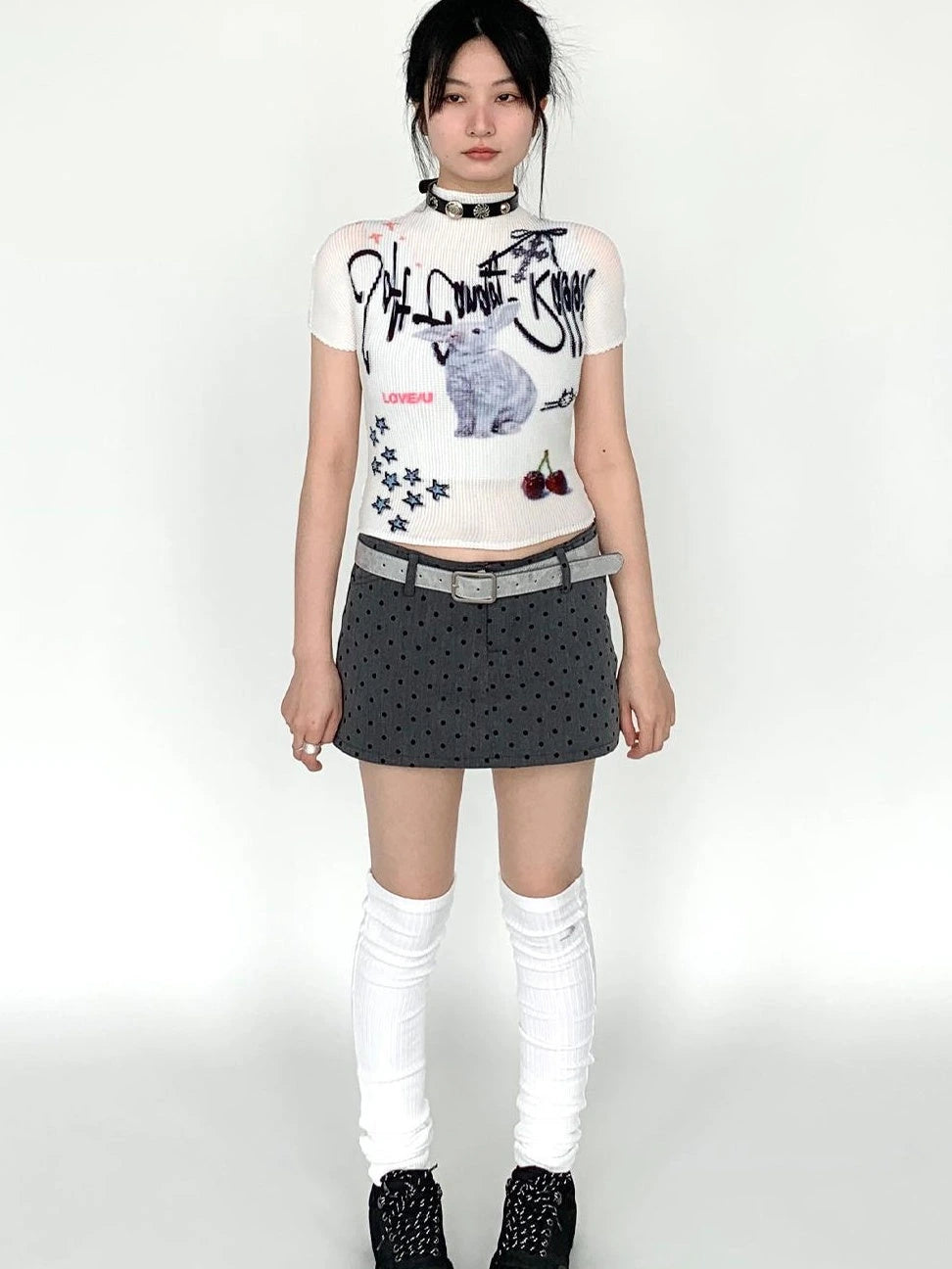 Dreamy Soft Candy Rabbit Print Elastic Ruffle T-Shirt
