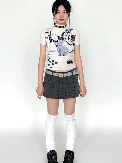 Dreamy Soft Candy Rabbit Print Elastic Ruffle T-Shirt