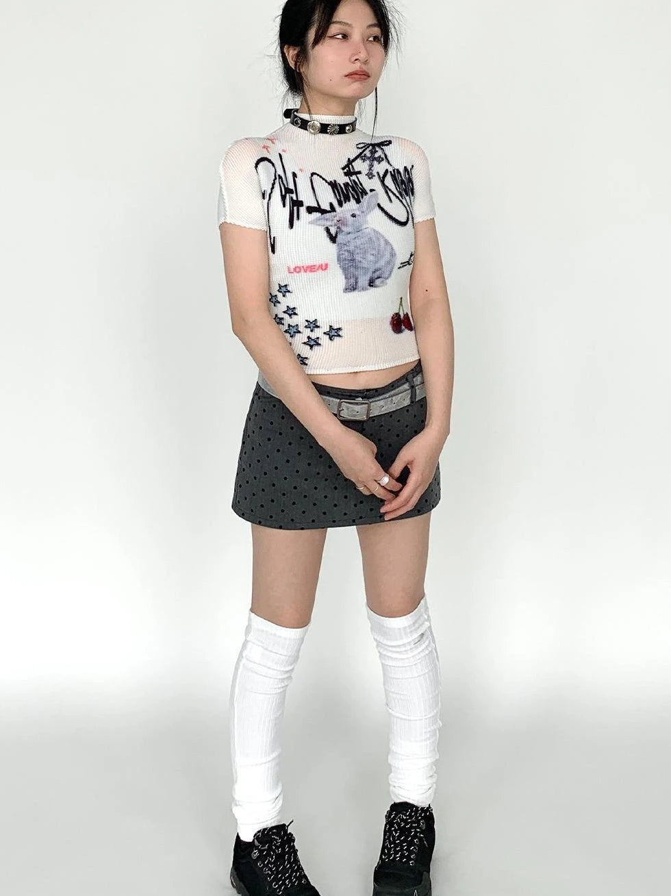 Dreamy Soft Candy Rabbit Print Elastic Ruffle T-Shirt