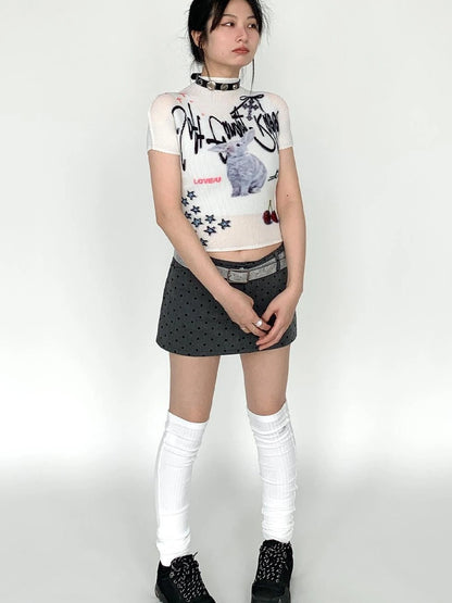 Dreamy Soft Candy Rabbit Print Elastic Ruffle T-Shirt