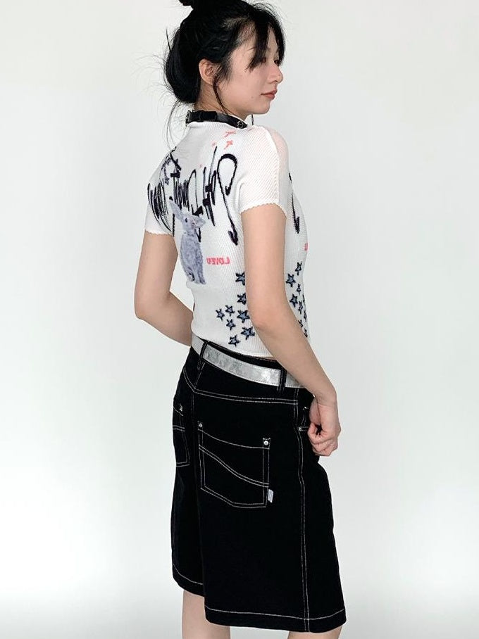 Dreamy Soft Candy Rabbit Print Elastic Ruffle T-shirt