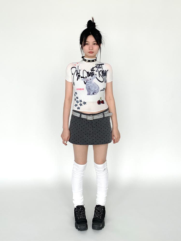 Dreamy Soft Candy Rabbit Print Elastic Ruffle T-shirt