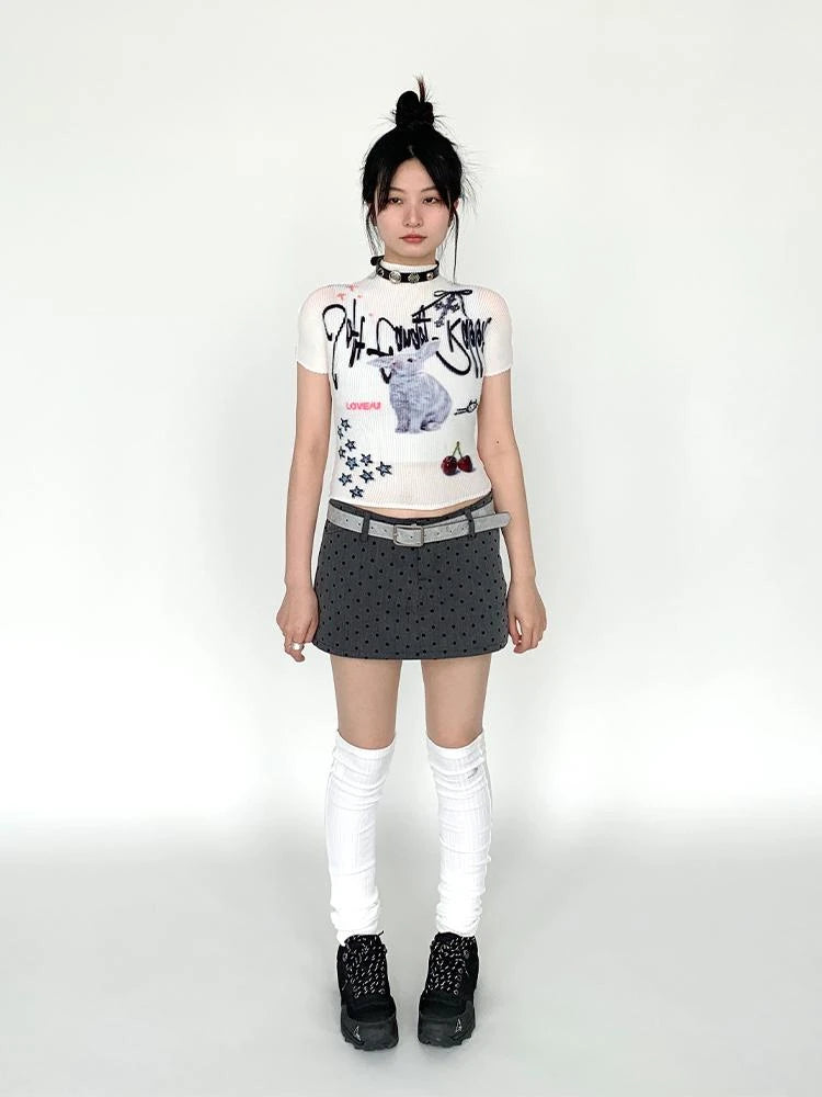 Dreamy Soft Candy Rabbit Print Elastic Ruffle T-Shirt