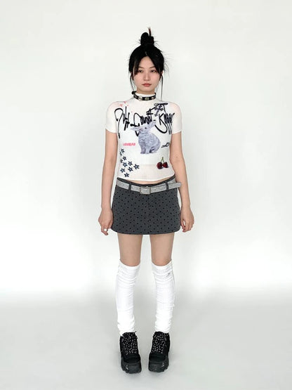 Dreamy Soft Candy Rabbit Print Elastic Ruffle T-Shirt