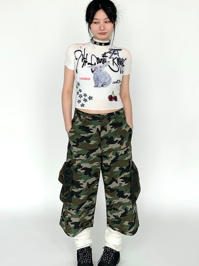 Dreamy Soft Candy Rabbit Print Elastic Ruffle T-shirt