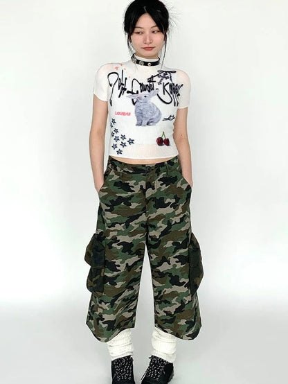 Dreamy Soft Candy Rabbit Print Elastic Ruffle T-Shirt