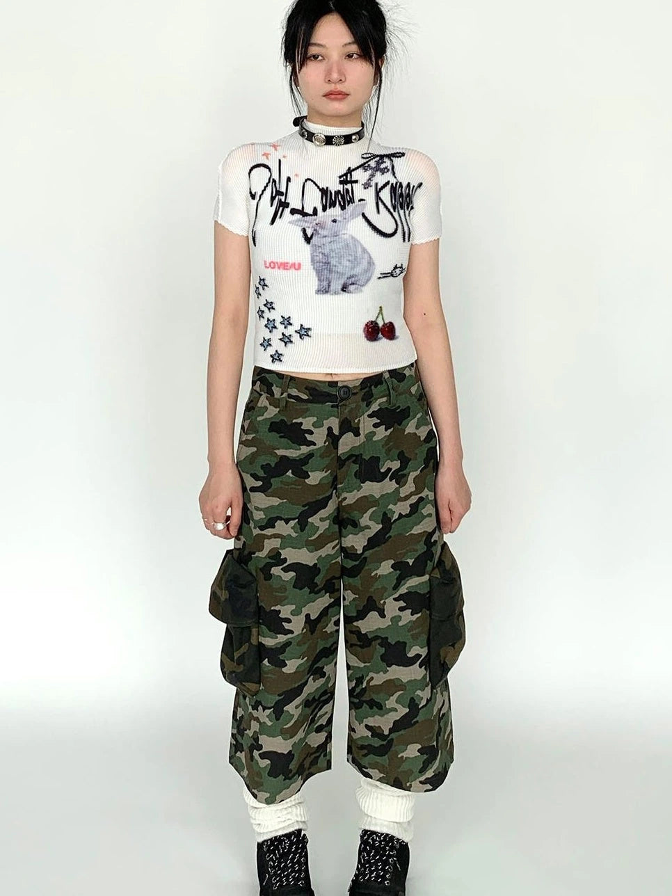 Dreamy Soft Candy Rabbit Print Elastic Ruffle T-Shirt