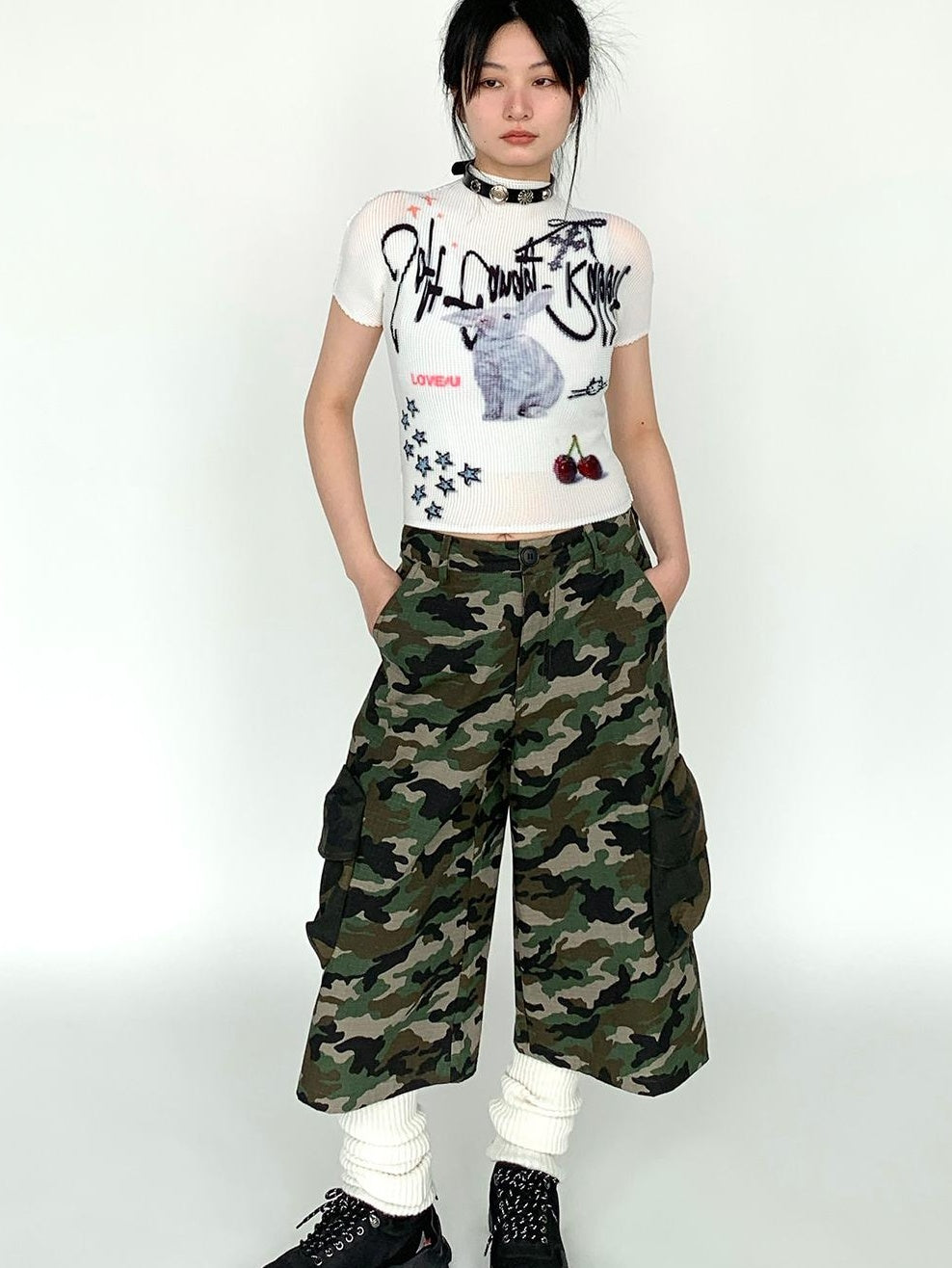 Dreamy Soft Candy Rabbit Print Elastic Ruffle T-shirt