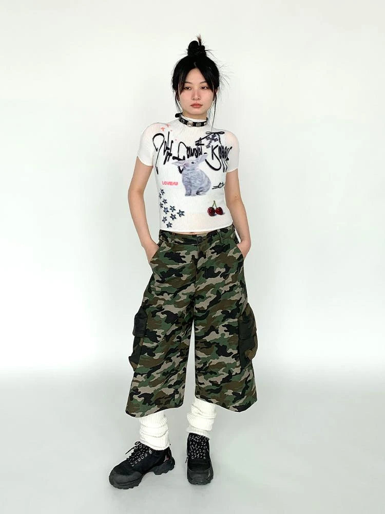 Dreamy Soft Candy Rabbit Print Elastic Ruffle T-Shirt
