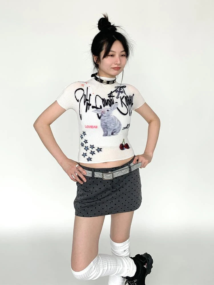 Dreamy Soft Candy Rabbit Print Elastic Ruffle T-Shirt