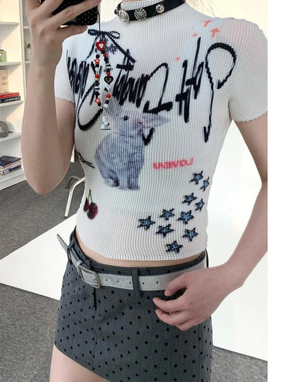 Dreamy Soft Candy Rabbit Print Elastic Ruffle T-Shirt