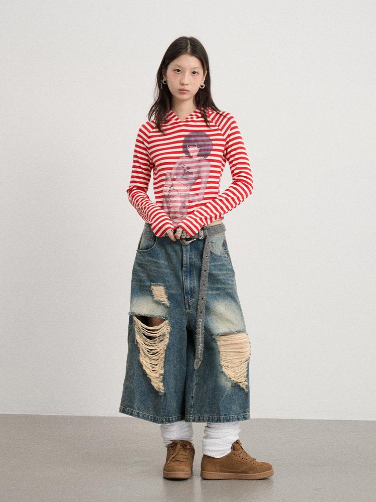 Achihara Drunk Mickey Stripes Long Sleeve Hooded T-Shirt