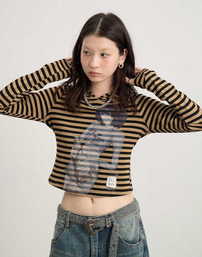 Achihara Drunk Minnie Striped Hoodie Tee