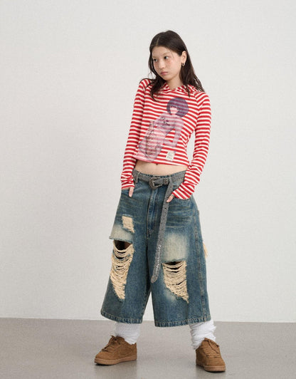 Achihara Drunk Minnie Striped Hoodie Tee