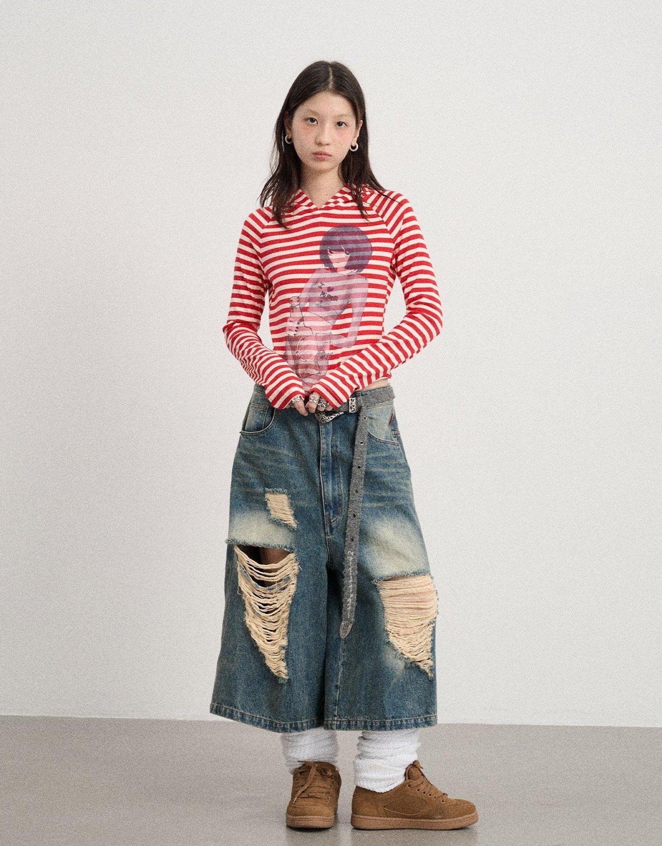 Achihara Drunk Minnie Striped Hoodie Tee