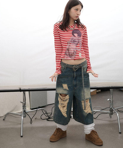 Achihara Drunk Minnie Striped Hoodie Tee