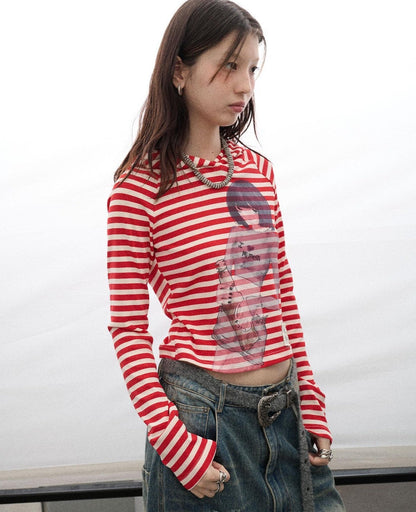 Achihara Drunk Minnie Striped Hoodie Tee