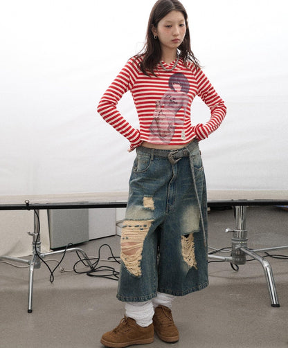 Achihara Drunk Minnie Striped Hoodie Tee
