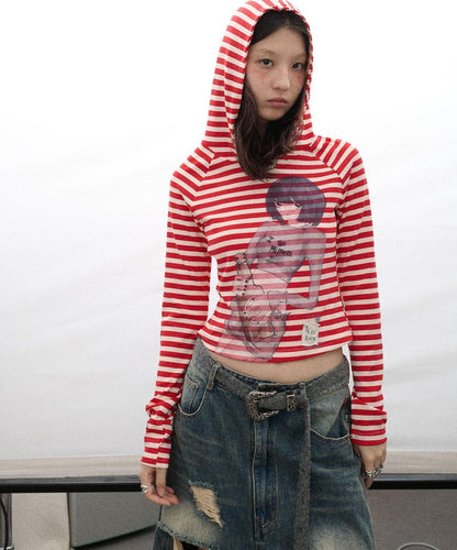 Achihara Drunk Minnie Striped Hoodie Tee