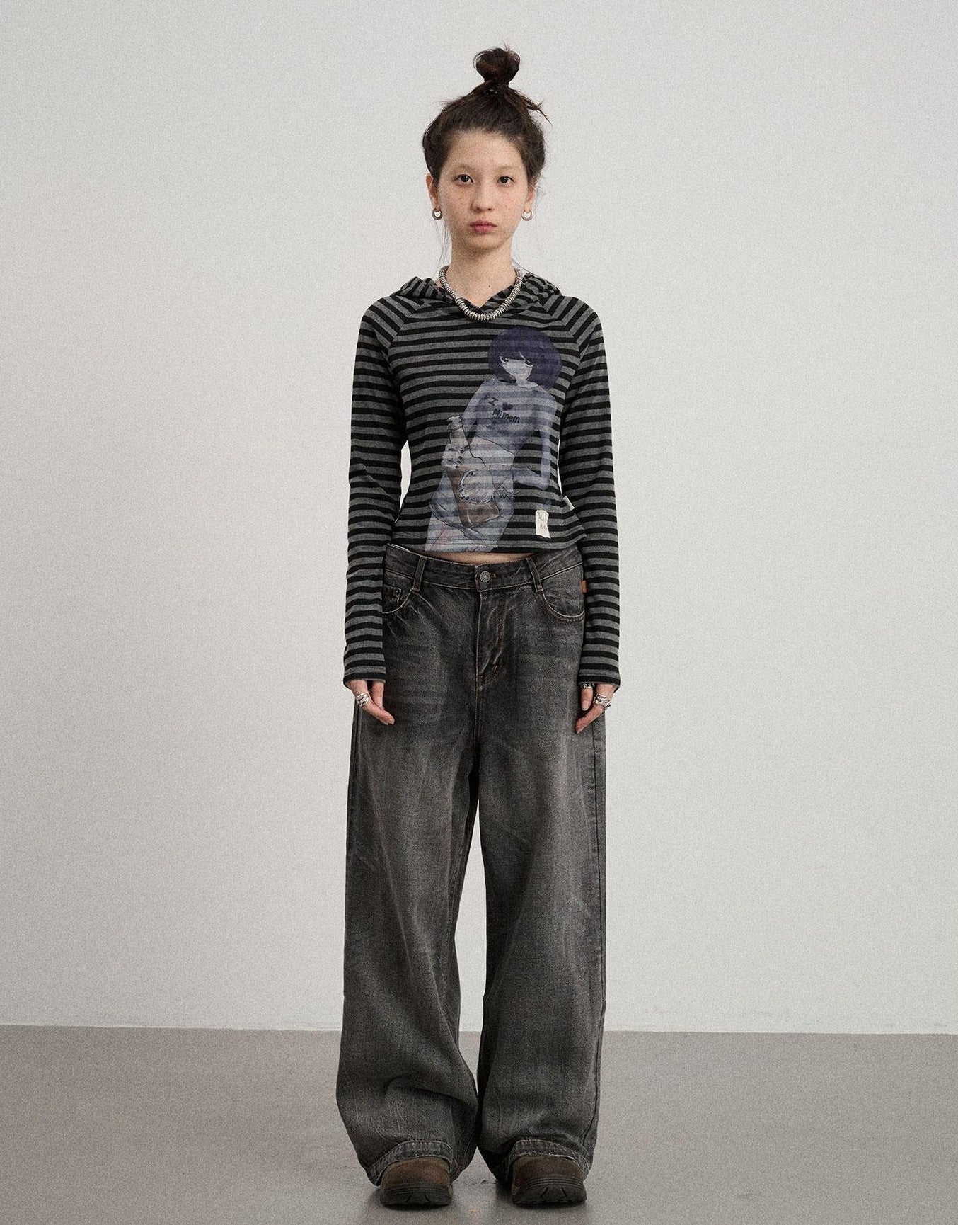 Achihara Drunk Minnie Striped Hoodie Tee