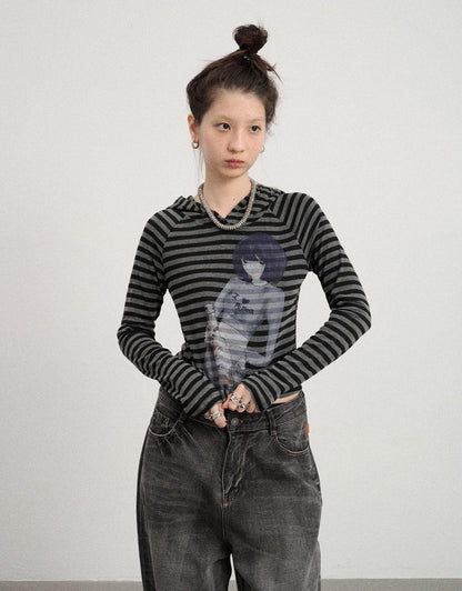 Achihara Drunk Minnie Striped Hoodie Tee