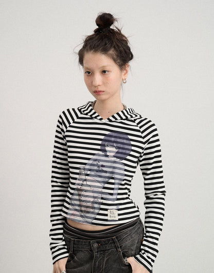 Achihara Drunk Minnie Striped Hoodie Tee