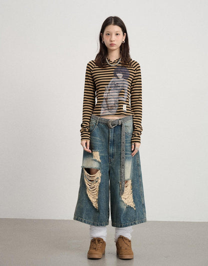 Achihara Drunk Minnie Striped Hoodie Tee
