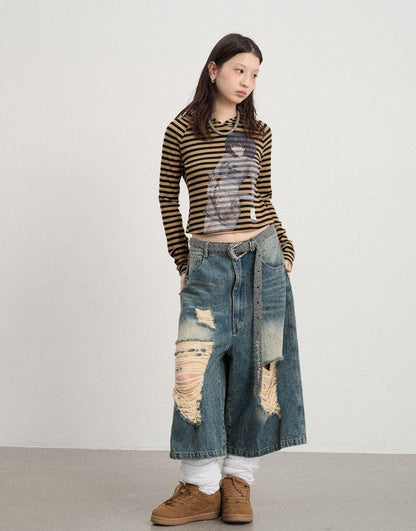 Achihara Drunk Minnie Striped Hoodie Tee