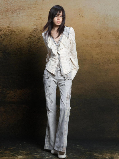 Dual Waist Diamond Punk Checkered Flared Pants Retro Gothic