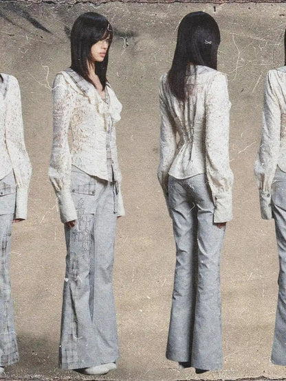 Dual Waist Diamond Punk Checkered Flared Pants Retro Gothic