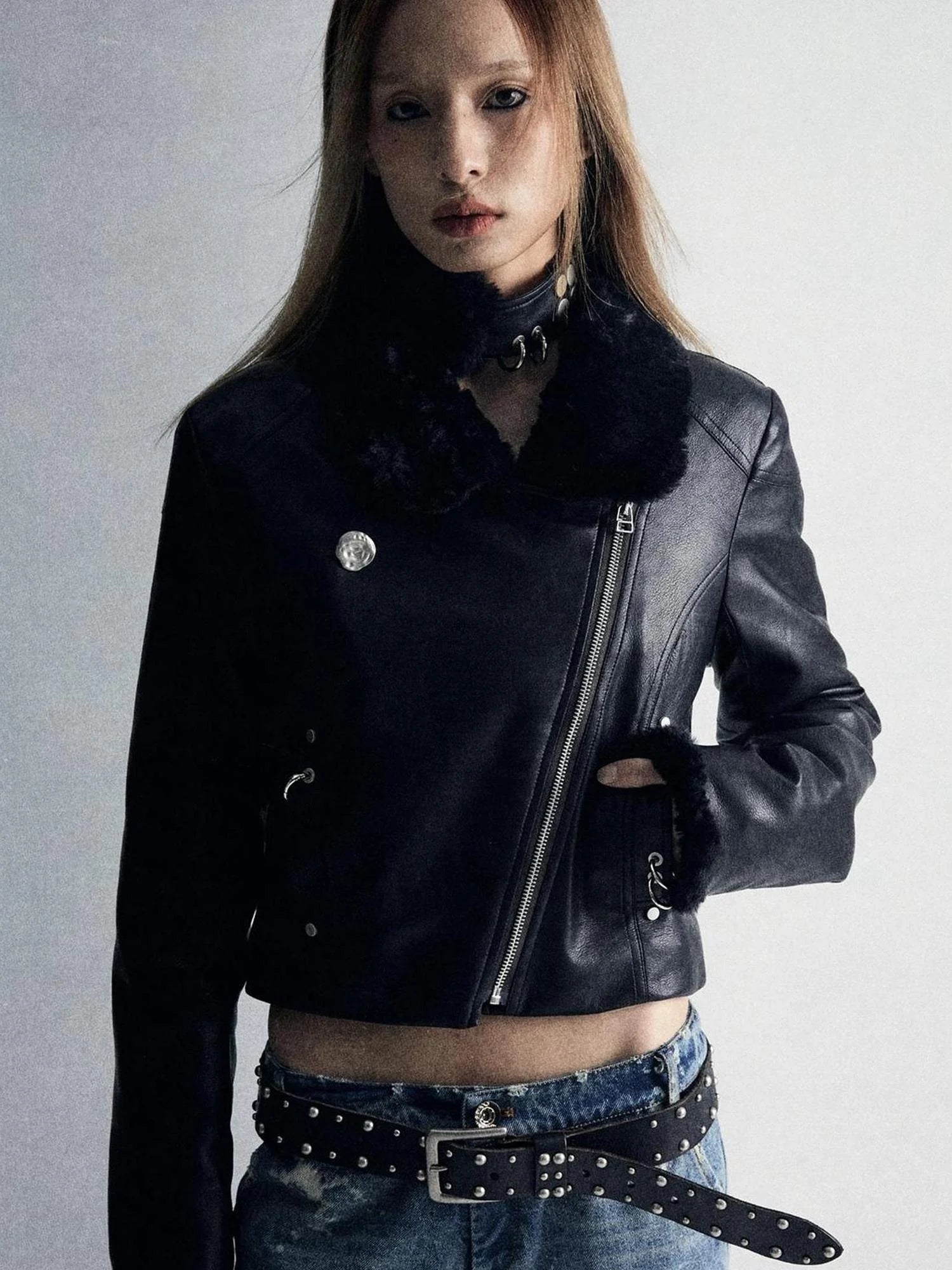 Durable Two Tone Perforated Leather Jacket With Detachable Fur Collar
